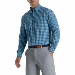 FootJoy Stretch Woven Gingham Shirt -Golf Shirts Shop footjoy stretch woven gingham shirt dusk blue ink 01 07717.1671652790