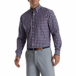 FootJoy Stretch Woven Gingham Shirt -Golf Shirts Shop footjoy stretch woven gingham shirt lavender navy 01 42514.1671652604